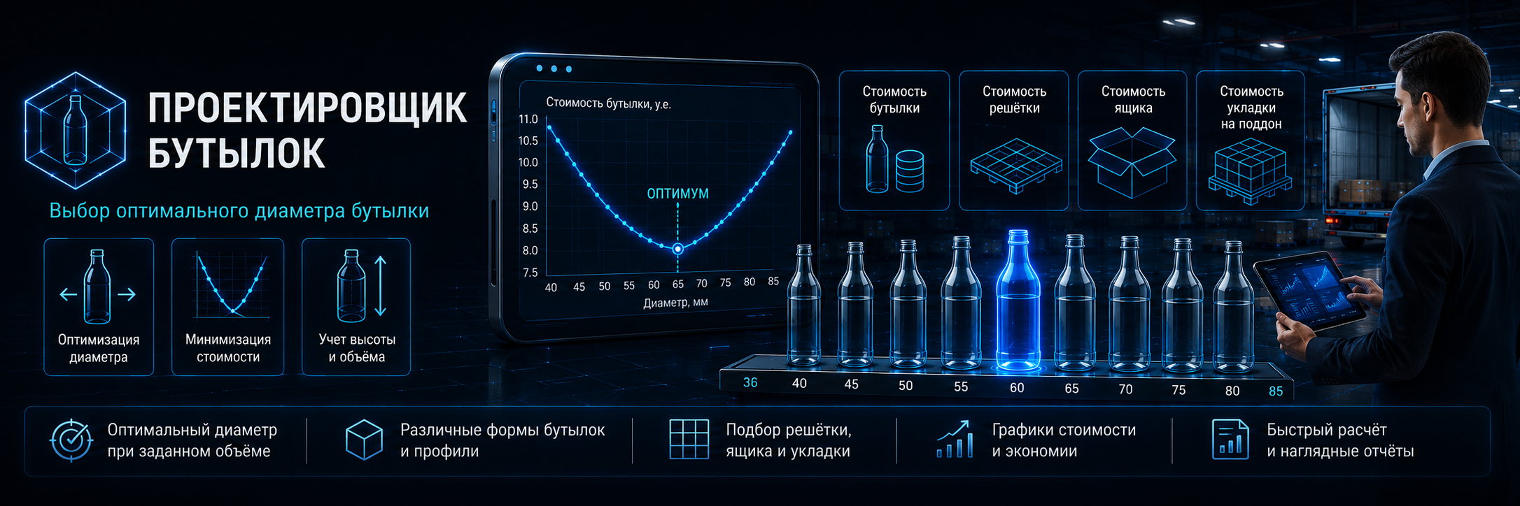 Проектировщик бутылок — оптимизация размеров и стоимости упаковки