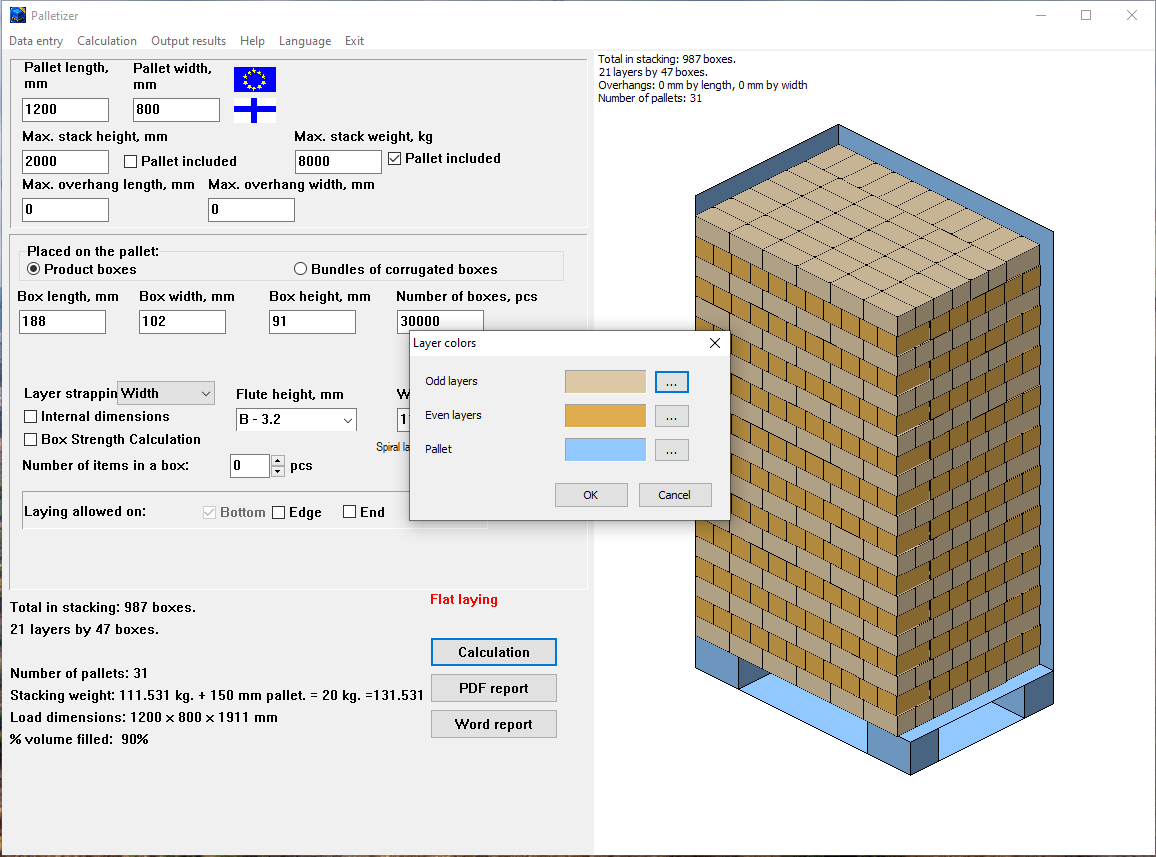 Layer and pallet color settings in Box Palletizer