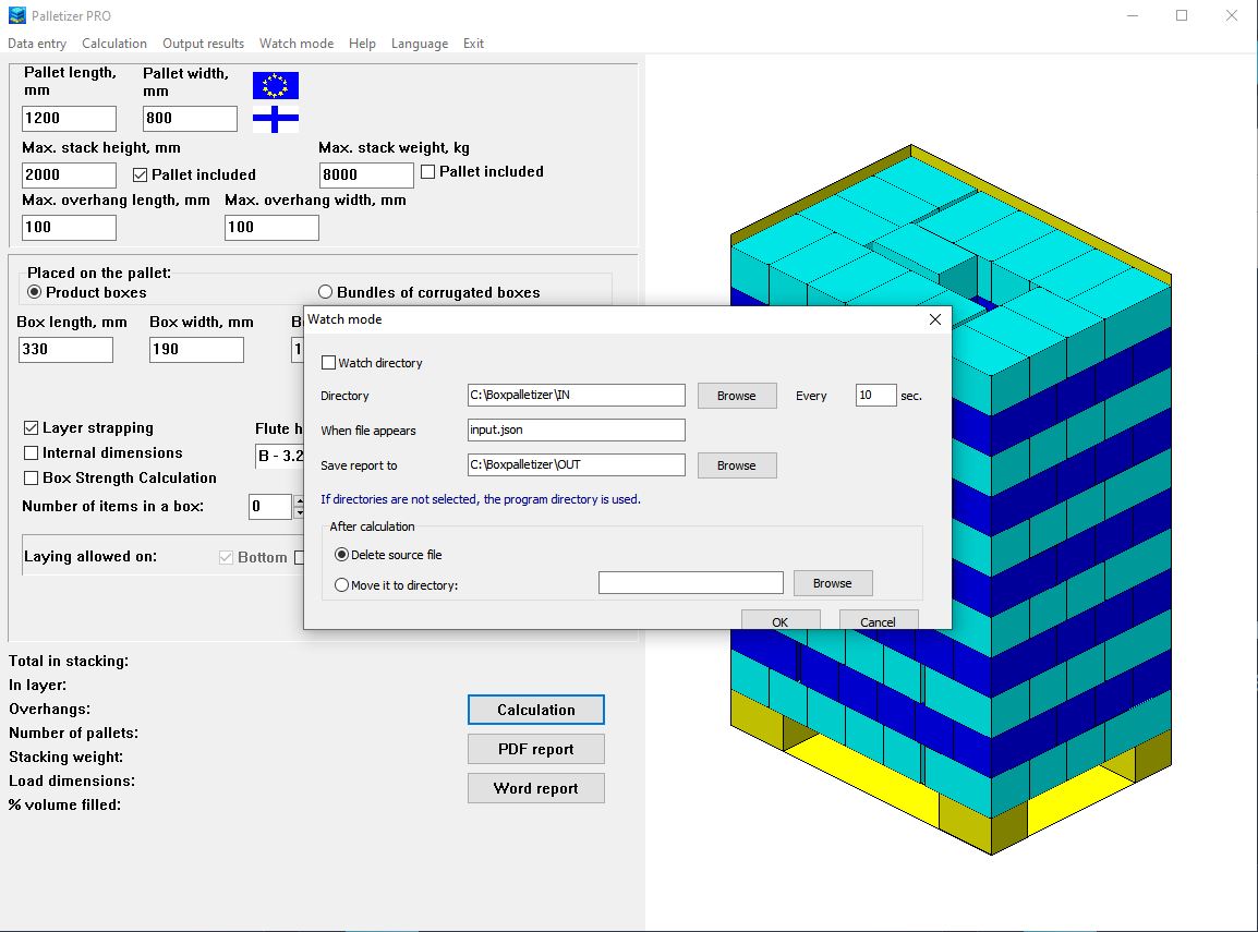 Palletizer PRO watch mode and automatic JSON calculation