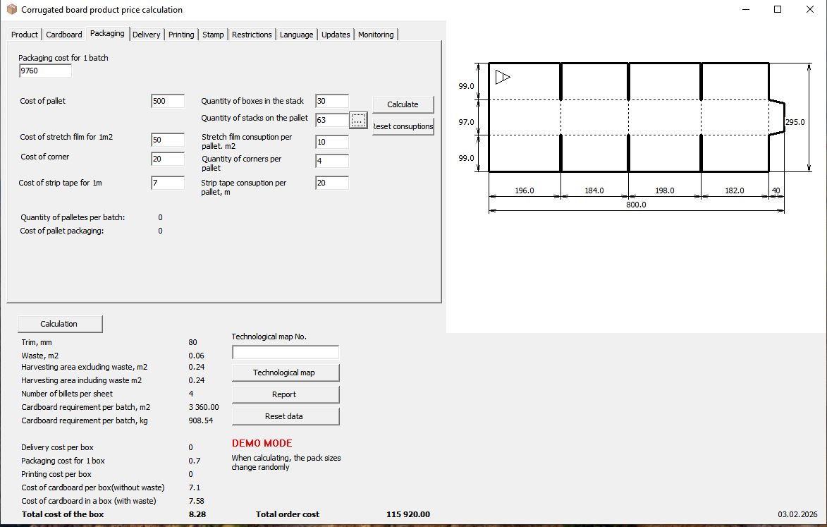 Box Price Calculator — main software window