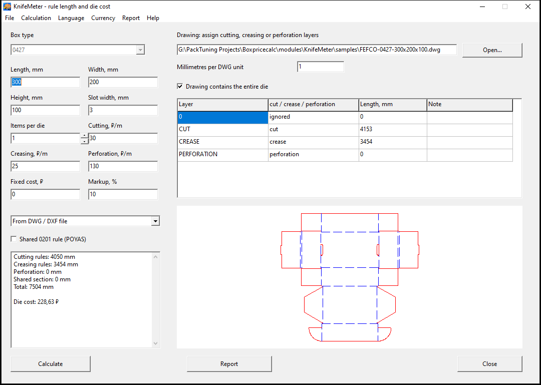 Real KnifeMeter interface: 0427 DWG drawing