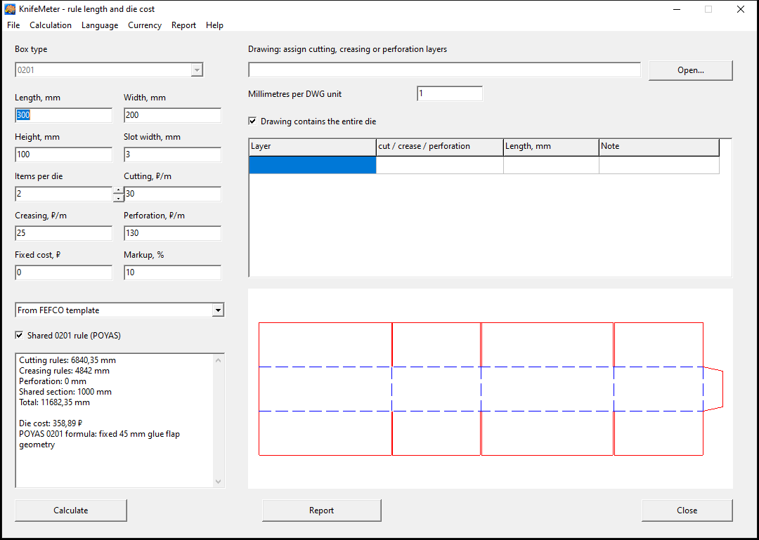 Real KnifeMeter interface: FEFCO 0201 calculation