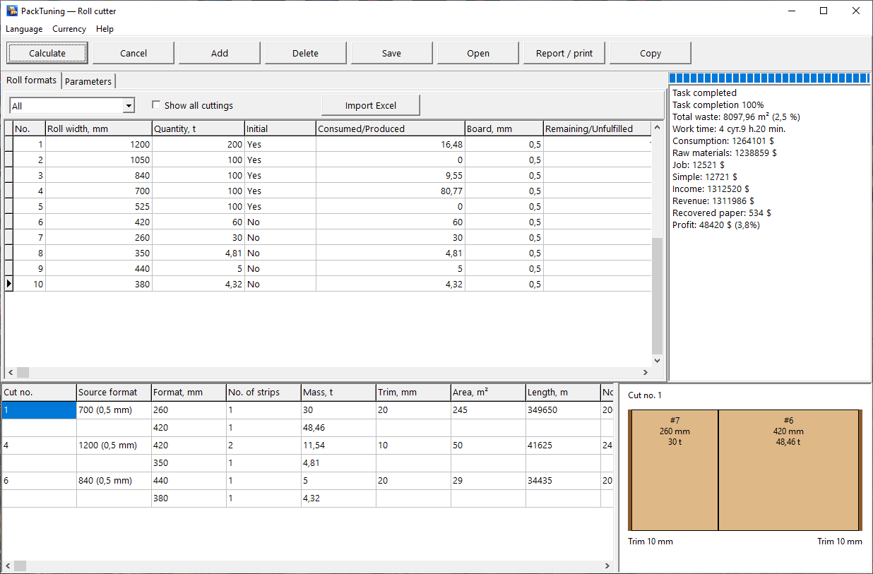 Roll formats, results and slitting layout